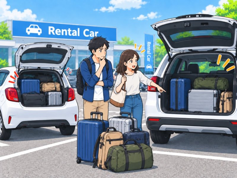 沖縄レンタカーの荷物量と車種選びを比べるイラスト