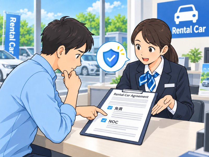 レンタカー店舗で免責補償とNOCを確認するイラスト